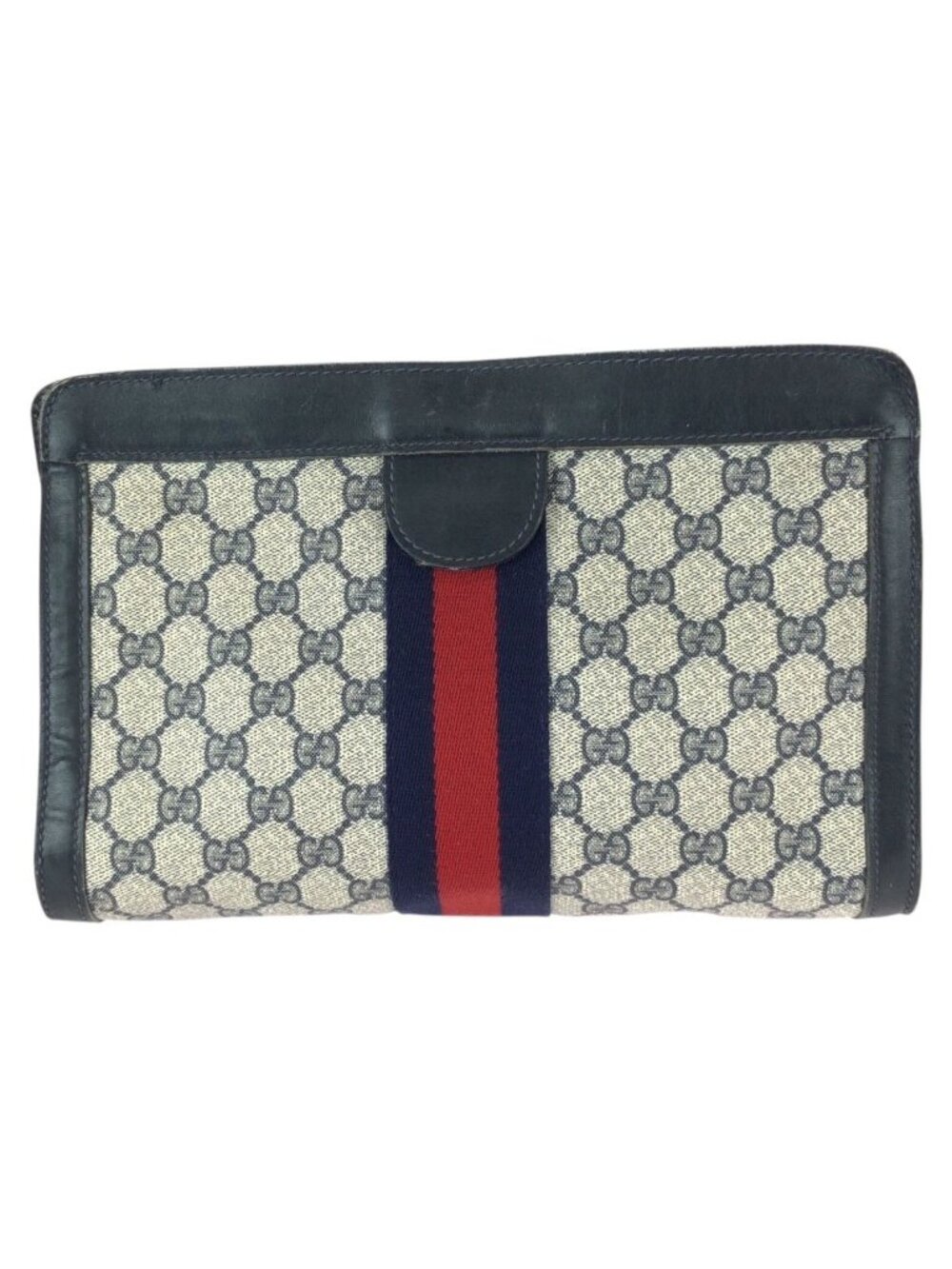 Gucci Vintage Sherry Line Navy Red GG Supreme Canvas Leather Clutch